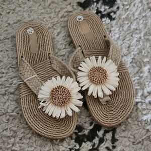 Natural Beige Daisy Rope Slide Sandals